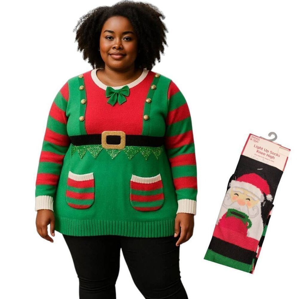 Christmas Elf Tunic Sequined Jingle Bells Embellished Sweater & NEW Santa Socks